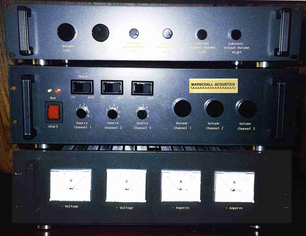 Precision Five Channel Audio Amplifier with Left, Center, and Right Subwoofer line level outputs. Channel inputs are individually selectable and have In/Out phase switching